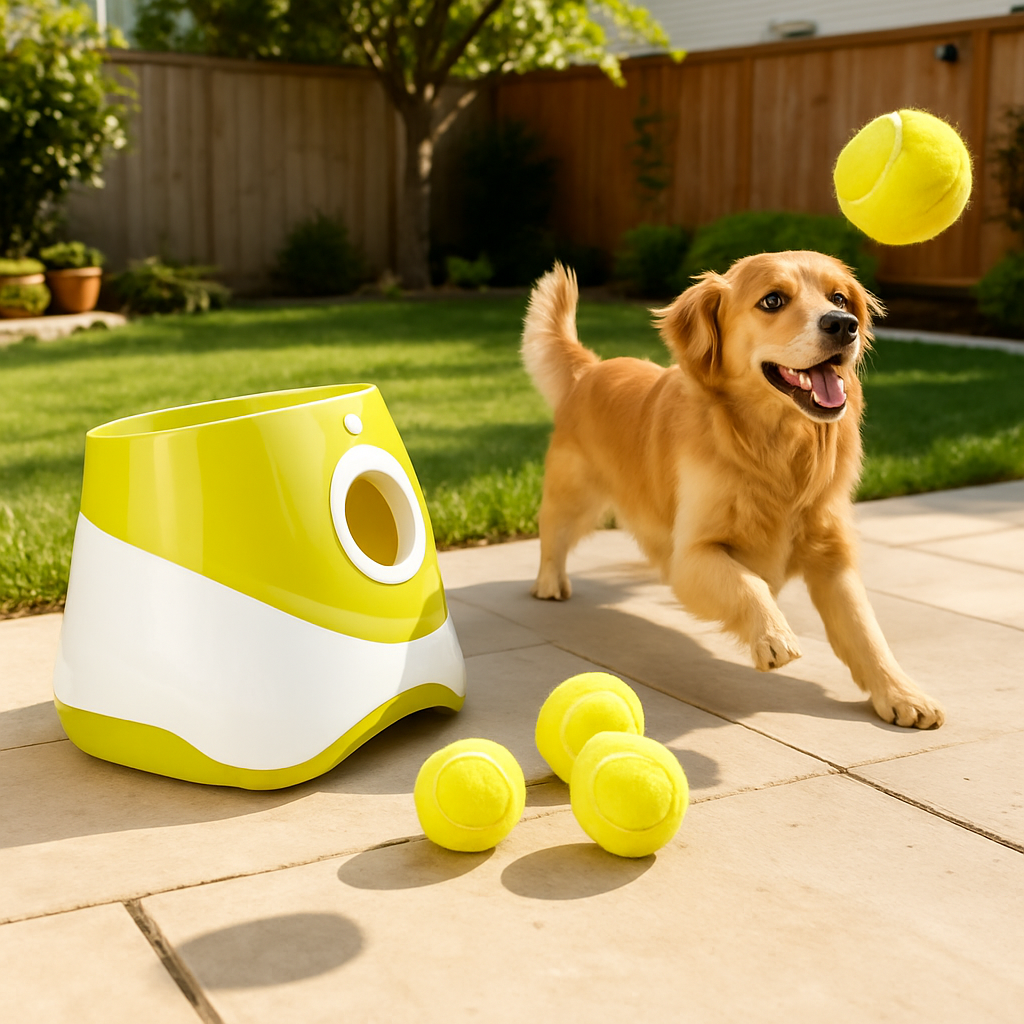 Golden retriever corriendo hacia lanzador automático de pelotas SplashDOGY verde