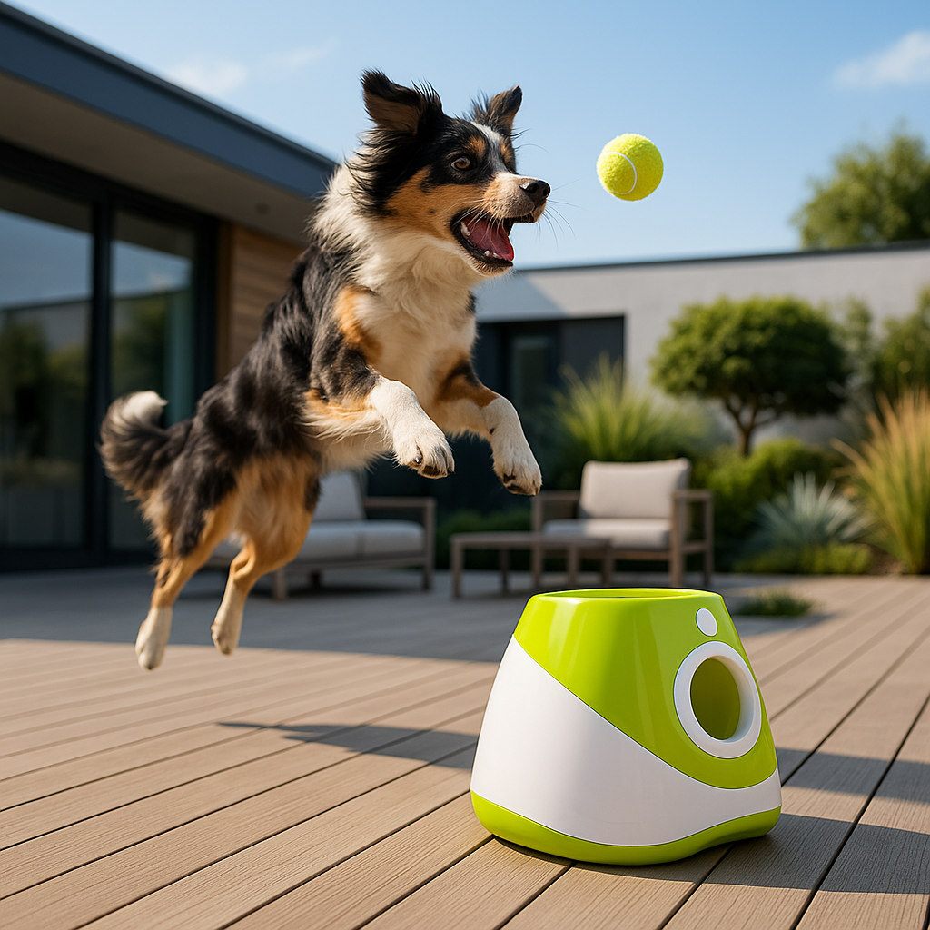 Pastor australiano saltando a por la pelota junto al lanzador SplashDOGY en una terraza moderna