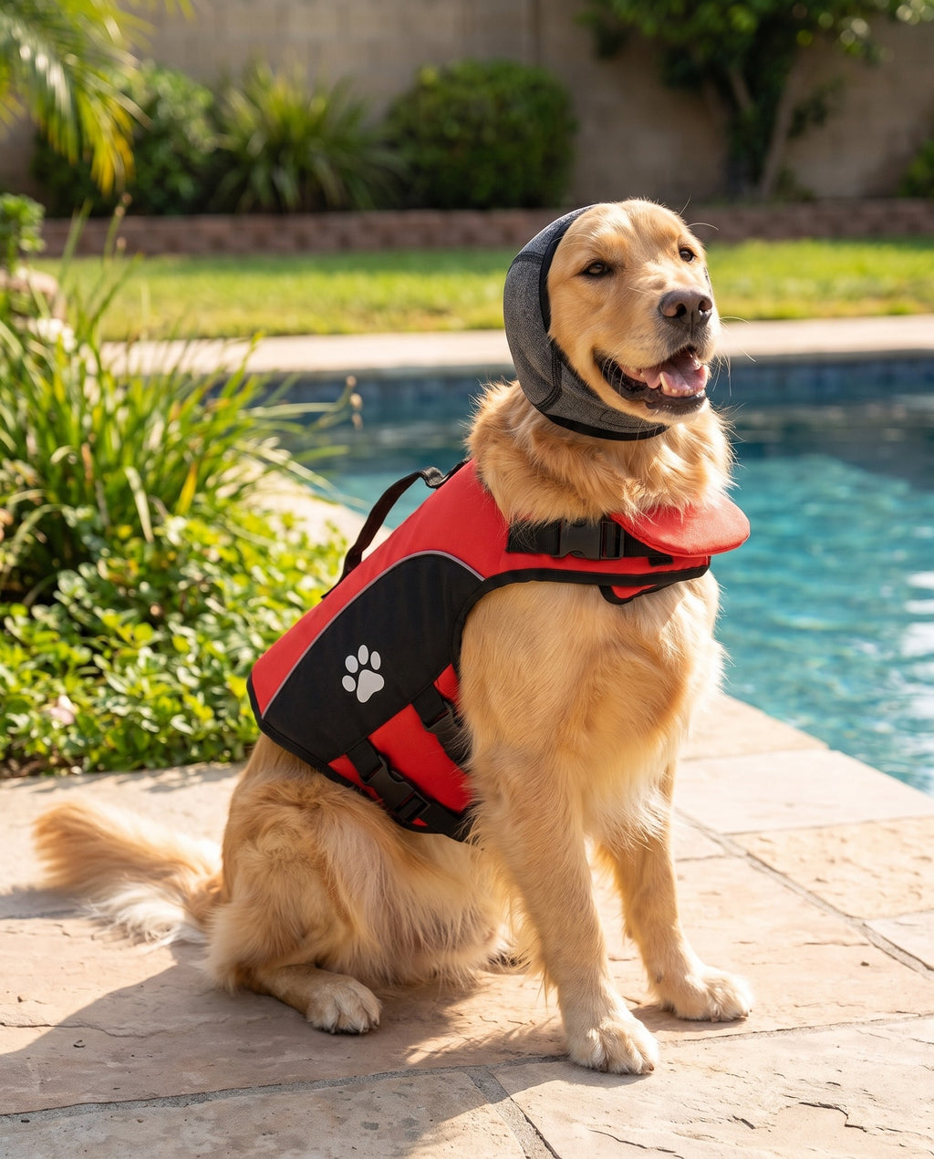 Perro con las orejeras SplashDOGY puestas junto a la piscina