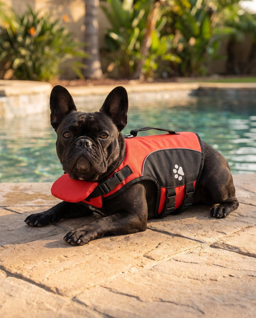 SplashDOGY color rojo, perro negro junto a la piscina